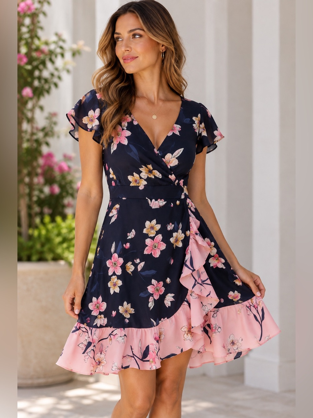 Vince Camuto Navy and Pink Floral Wrap Mini Dress